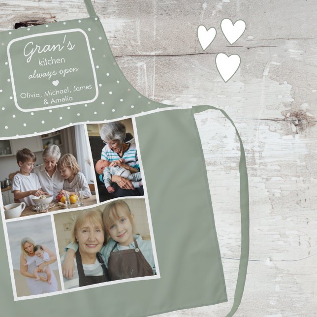 Gran's Kitchen Always Open Sage Green Dots Photo Apron (Creator Uploaded)