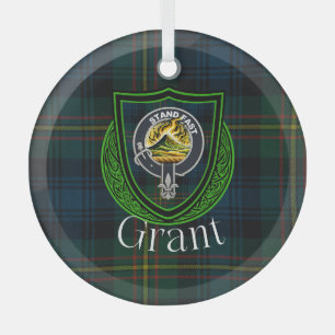 Grant Scottish Clan Tartan & Crest Glass Ornament