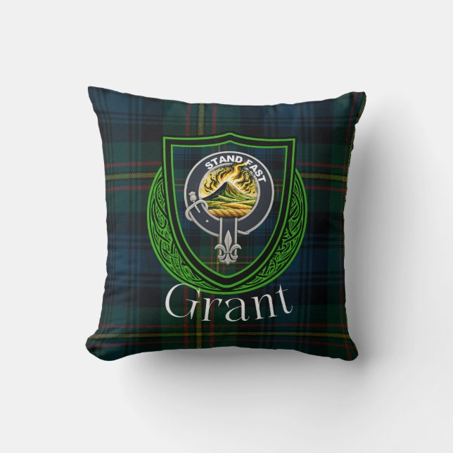 Grant Scottish Clan Tartan & Crest Throw Pillow (Front)