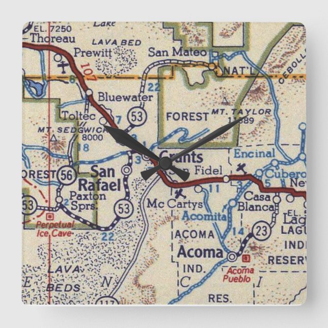 Grants New Mexico Vintage Map Square Wall Clock (Front)