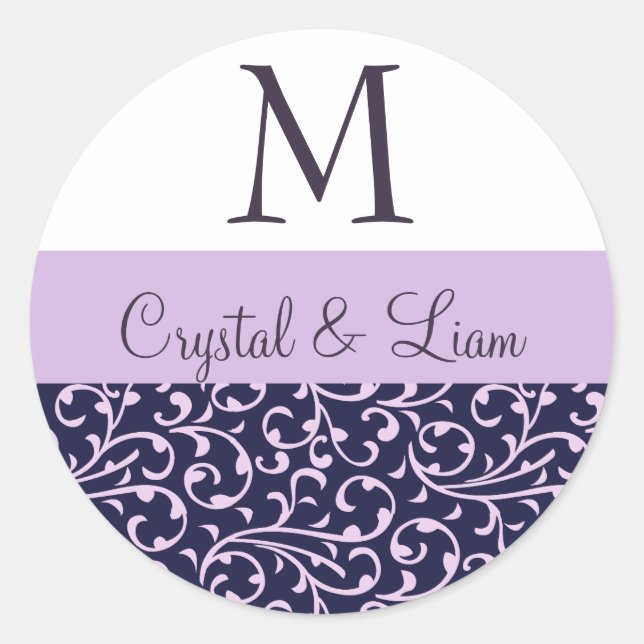 GRAPE and LILAC PURPLE Damask Wedding Monogram Classic Round Sticker (Front)