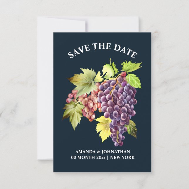 Grape bunch red winery vineyard wedding blue save the date (Front)