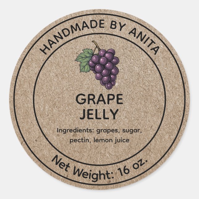 Grape Jelly Jar Label Kraft Paper Style (Front)