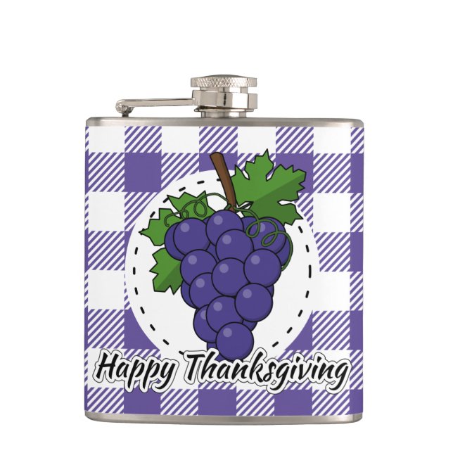Grape on Violet Plaid - Happy Thanksgiving Hip Flask (Front)