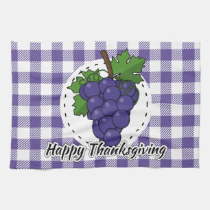 Grape on Violet Plaid - Happy Thanksgiving Kitchen Towel