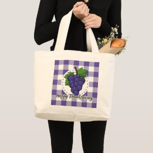 Grape on Violet Plaid - Happy Thanksgiving Large Tote Bag