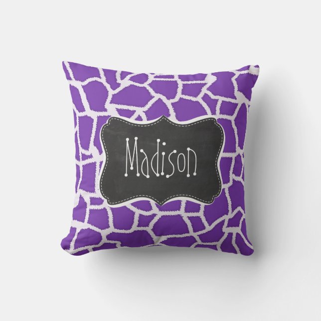 Grape Purple Giraffe Animal Print; Chalkboard look Throw Pillow (Front)