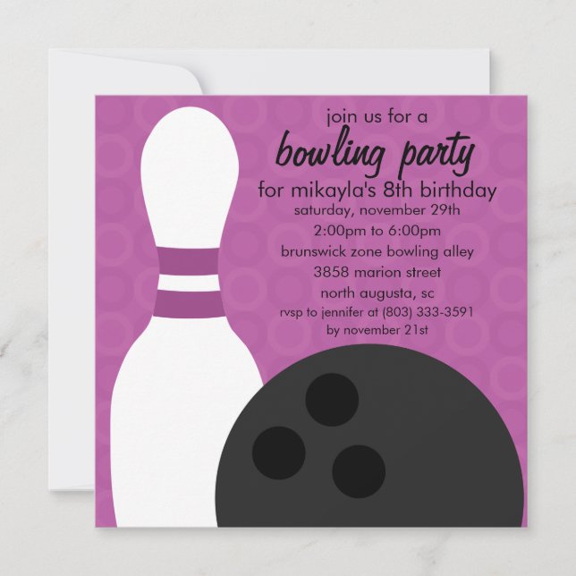 Grape Purple Pin Pals Bowling Birthday Party Invitation (Front)