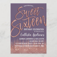 Grape Purple Rose Gold Glitter Typography Sweet 16