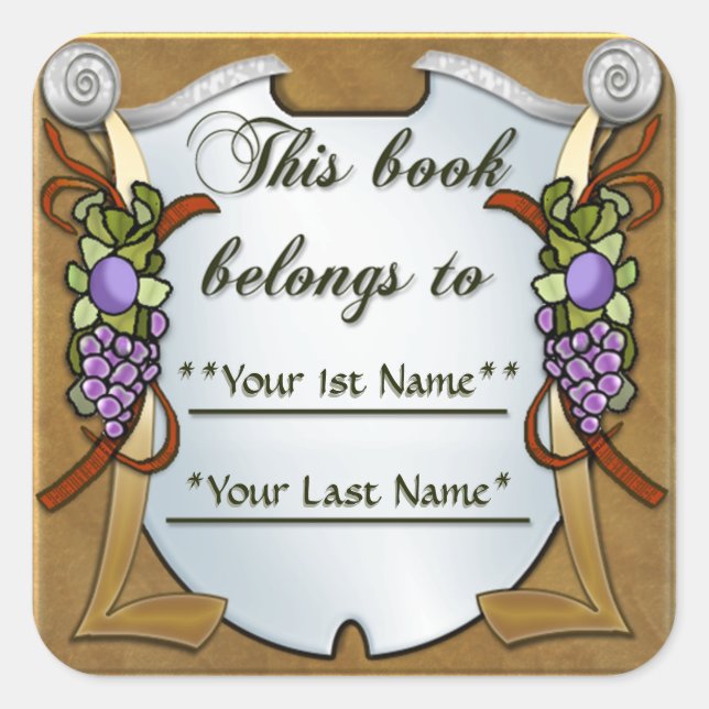Grape Swags (Personalized Bookplate Sticker) Square Sticker (Front)