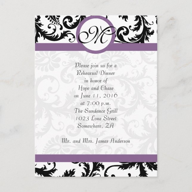 Grape Trim Black Damask Swirls Rehearsal Dinner Postcard (Front)