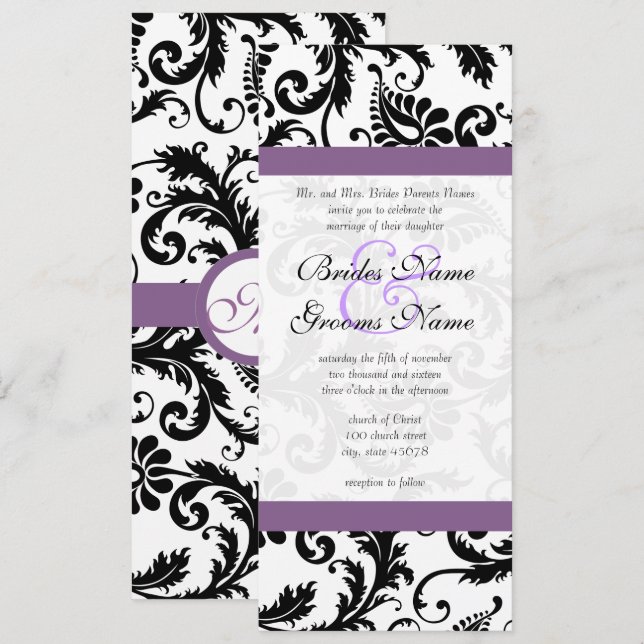 Grape Trim Black Damask Swirls Wedding Invitation (Front/Back)