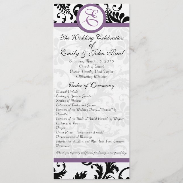 Grape Trim Black Damask Swirls Wedding Program (Front)
