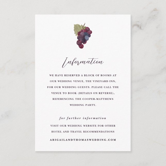 Grape Vine Hotel Information Vineyard Wedding Enclosure Card (Front)