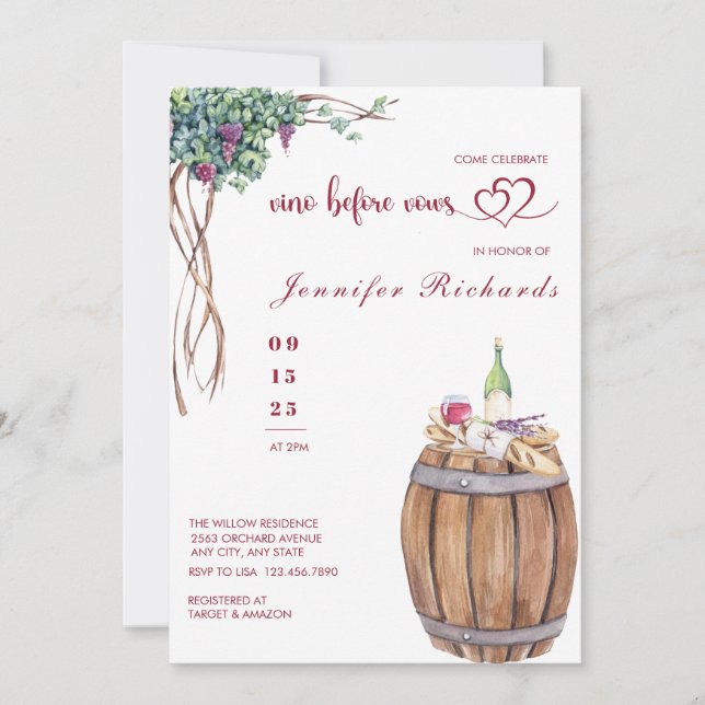 Grape | Winery | Modern Watercolor Bridal Shower Invitation (Front)