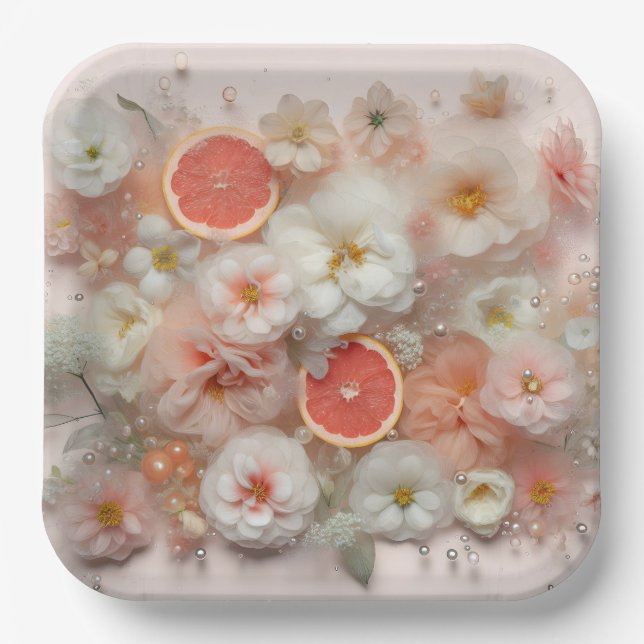 Grapefruit and Flowers Abstract Paper Plate (Front)