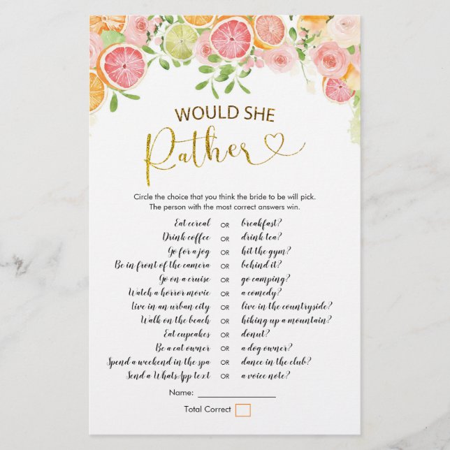 Grapefruit Citrus Bridal Shower Would She Rather (Front)