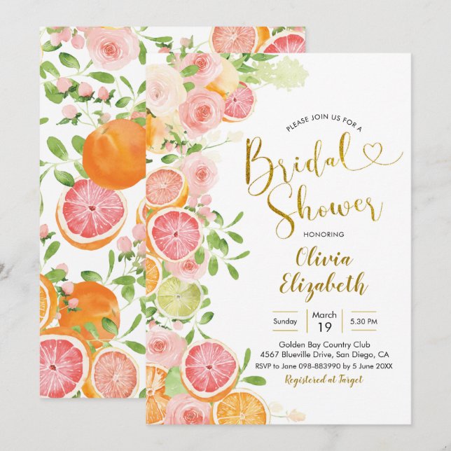 Grapefruit Citrus Fruit Bridal Shower Invitation (Front/Back)