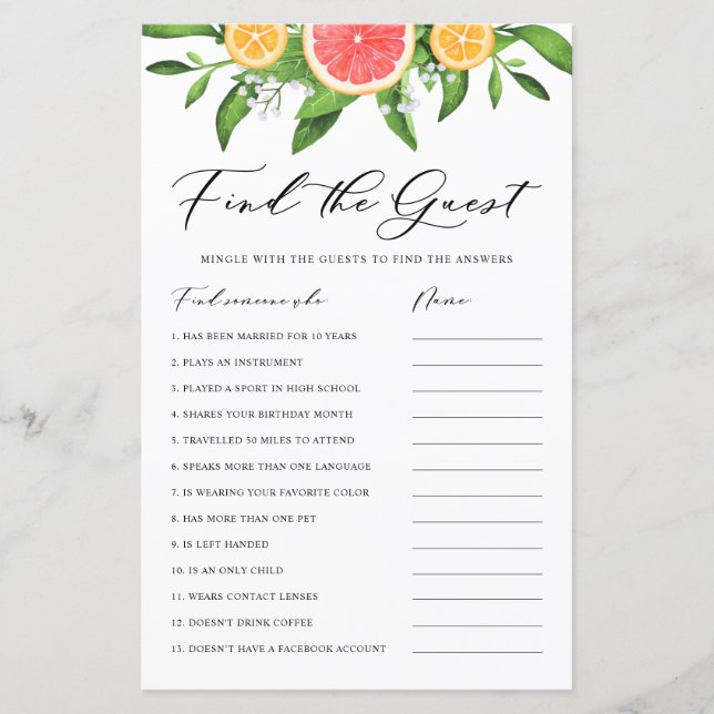 Grapefruit Find the Guest Bridal Shower Game (Front)