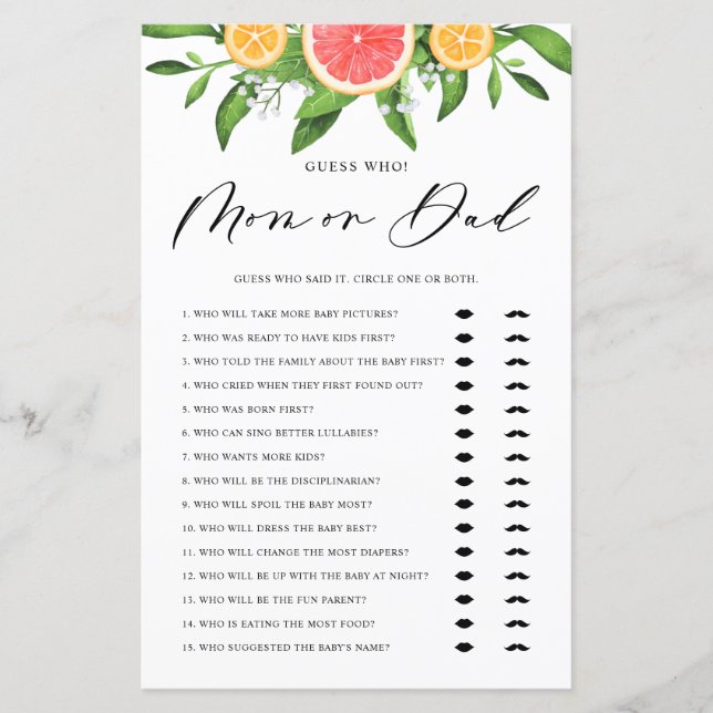 Grapefruit Guess Who Mom or Dad Baby Shower Game (Front)