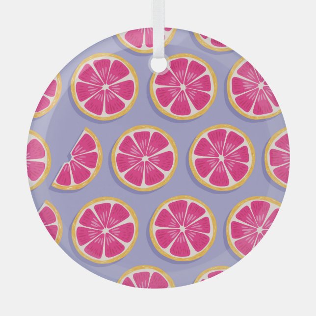 Grapefruit slices, vibrant purple pattern. glass ornament (Front)