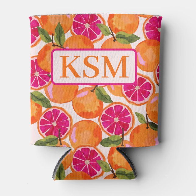 Grapefruit Watercolor Monogram Can Cooler (Front)