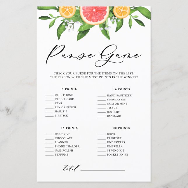 Grapefruit What's In Your Purse Bridal Shower Game (Front)