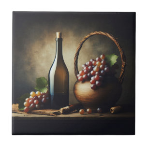 Grapes and a Bottle of Wine Still Life Tile