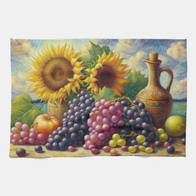 Grapes and Sunflowers Oil Painting Kitchen Towel (Horizontal)