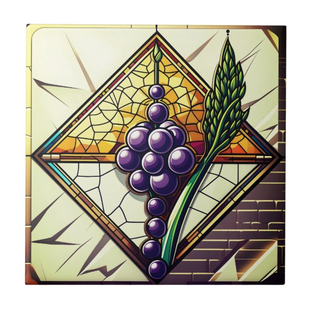 Grapes and Wheat Stained Glass Ceramic Tile (Front)