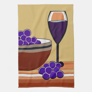 Grapes and Wineglass in Maroon and Tan Kitchen Towel