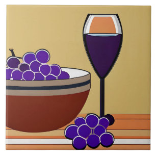 Grapes and Wineglass in Maroon and Tan Tile