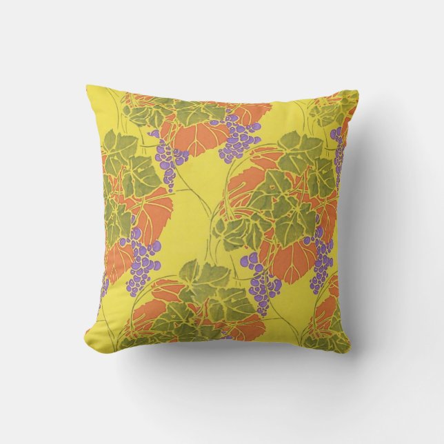 GRAPES,GRAPE VINES,ORANGE YELLOW GREEN PURPLE THROW PILLOW (Front)