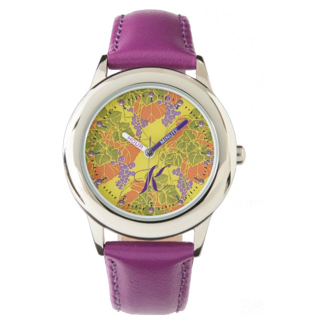 GRAPES,GRAPE VINES,YELLOW GREEN PURPLE MONOGRAM WATCH (Front)