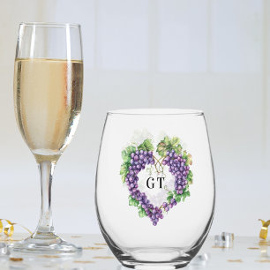 Grapes heart monogram initials stemless wine glass