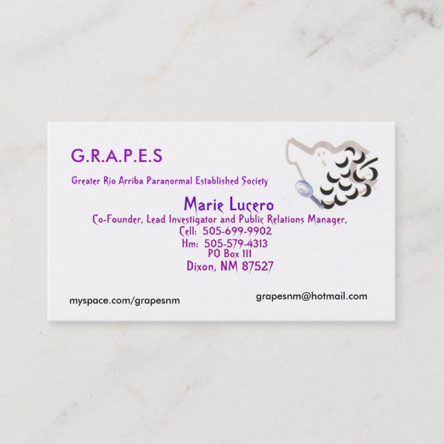 GRAPES Logo, Marie Lucero, PO Box 111, Dixon, N... Business Card (Front)