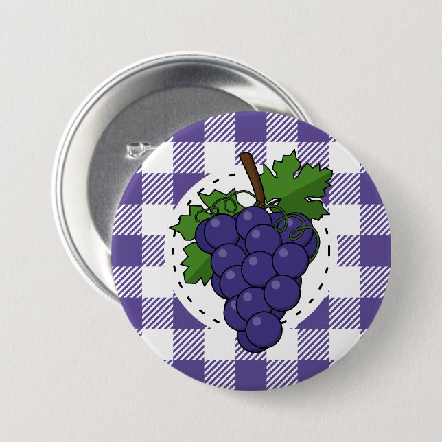 Grapes on White Violet Plaid 3 Inch Round Button (Front & Back)