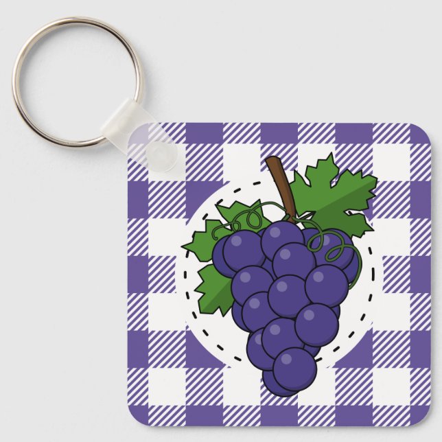 Grapes on White Violet Plaid Keychain (Front)