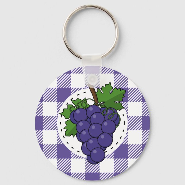 Grapes on White Violet Plaid Keychain (Front)