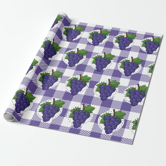 Grapes on White Violet Plaid Wrapping Paper (Unrolled)