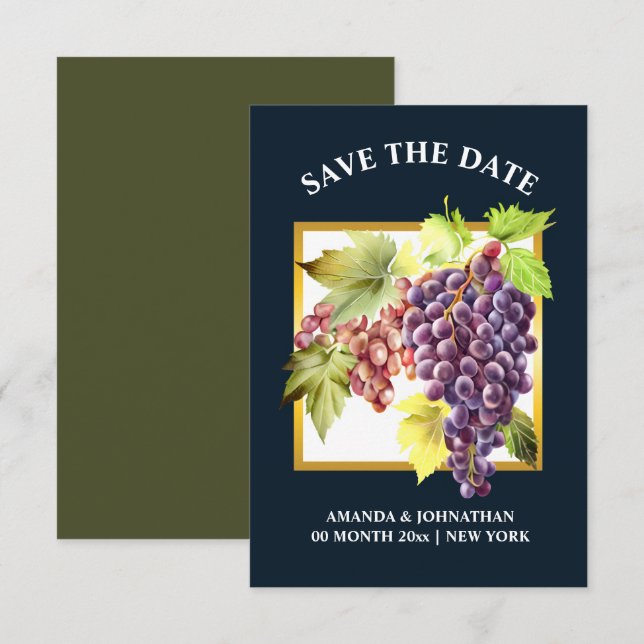 Grapes vineyard winery blue green gold wine save the date (Front/Back)