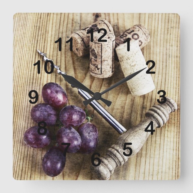 Grapes, wine bottle corks and corkscrew square wall clock (Front)