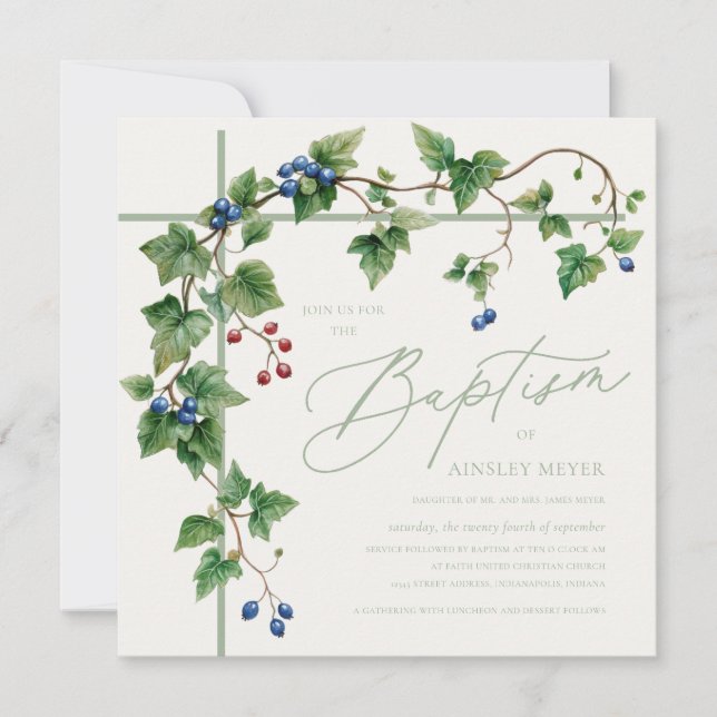 Grapevine Covered Cross Soft Green Script Baptism Invitation (Front)