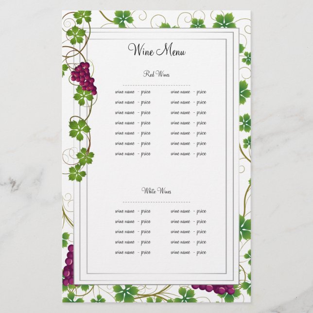 Grapevine Wine List Menus (Front)