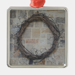 Grapevine Wreath on stone fireplace Metal Ornament