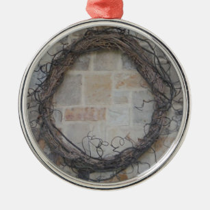 Grapevine Wreath on stone fireplace Metal Ornament