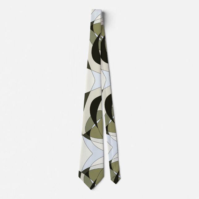 Graphic Abstract Tie Olive Green Black Beige Lines (Front)