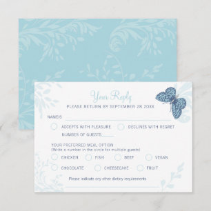 Graphic art butterflies and floral swirl wedding RSVP card