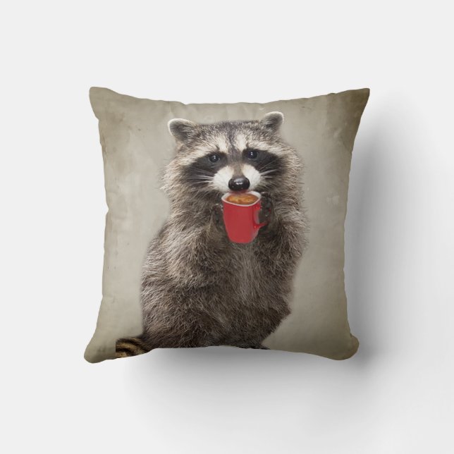 Graphic Art Fun Raccoon Drinking Coffee Humour Throw Pillow (Back)
