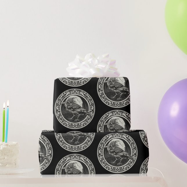 Graphic Art Raven Bird Black Grey White Wrapping Paper (Party Gifts)